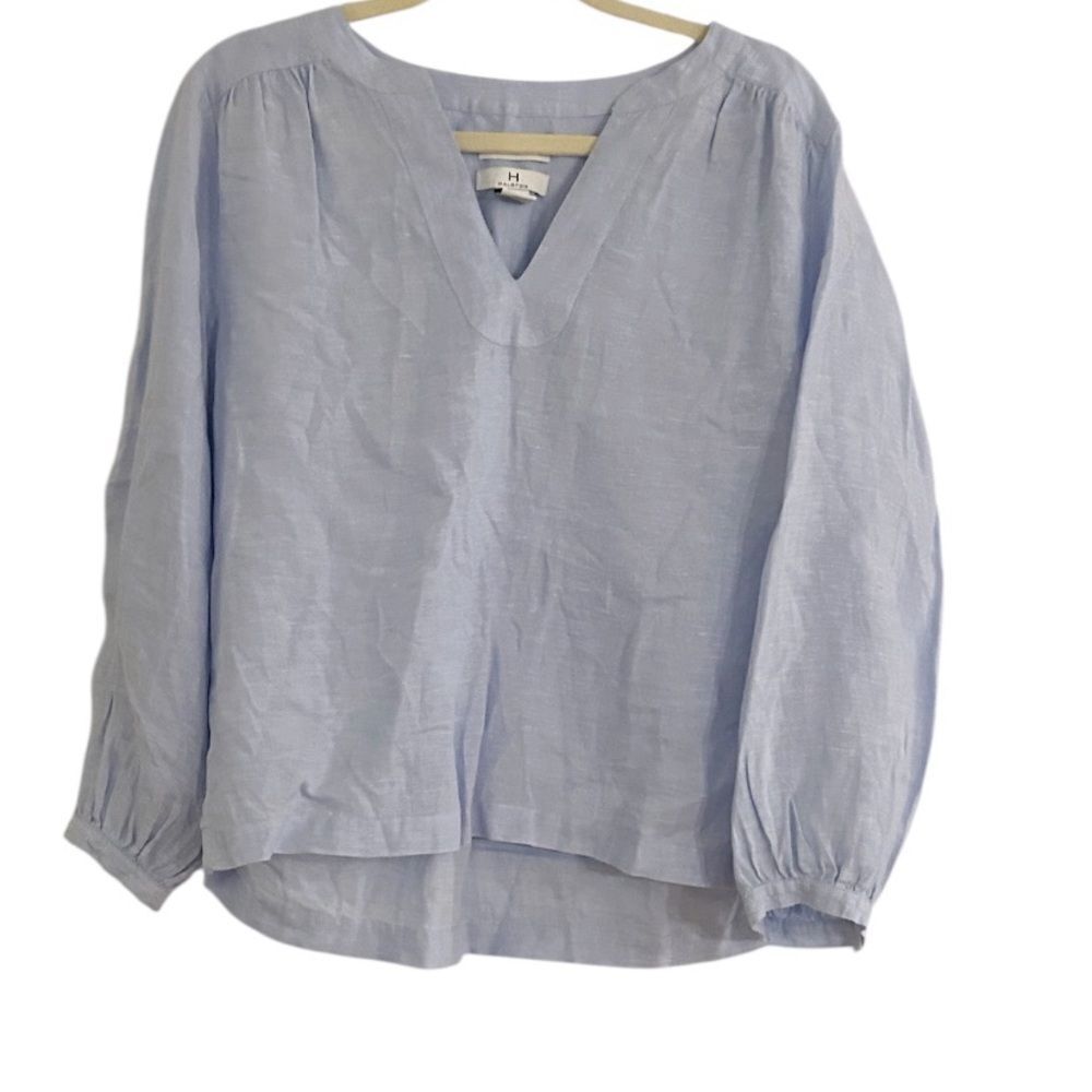 H by Halston Light Blue 100% Linen V Neck Top Size Medium